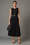 Black Pleated A Line 2 Piece Round Neck Midi Work Dress