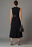 Black Pleated A Line 2 Piece Round Neck Midi Work Dress