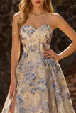 Dusty Blue Jacquard A Line Corset Strapless Long Prom Dress with Slit