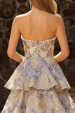Dusty Blue Jacquard Pearl Strapless A Line Long Tiered Prom Dress with Slit