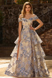 Dusty Blue Jacquard Off the Shoulder A Line Corset Long Tiered Prom Dress with Slit