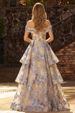 Dusty Blue Jacquard Off the Shoulder A Line Corset Long Tiered Prom Dress with Slit