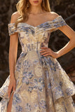 Dusty Blue Jacquard Off the Shoulder A Line Corset Long Tiered Prom Dress with Slit