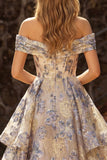 Dusty Blue Jacquard Off the Shoulder A Line Corset Long Tiered Prom Dress with Slit