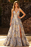 Dusty Blue Jacquard Spaghetti Straps A Line Corset Long Prom Dress with Slit