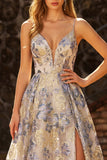 Dusty Blue Jacquard Spaghetti Straps A Line Corset Long Prom Dress with Slit