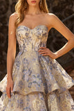 Dusty Blue Jacquard Strapless A Line Corset Tiered Prom Dress with Ruffles