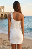 Ivory One Shoulder Bodycon Ruched Mini Graduation Dress with Slit