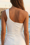Ivory One Shoulder Bodycon Ruched Mini Graduation Dress with Slit