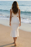 Square Neck Ivory Bodycon Cut Out Rehersal Dinner Dress with Ruffles