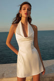 Ivory Halter Neck Satin A-Line Mini Graduation Dress