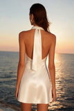 Ivory Halter Neck Satin A-Line Mini Graduation Dress