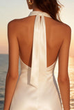 Ivory Halter Neck Satin A-Line Mini Graduation Dress
