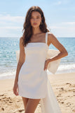 Ivory Bodycon Square Neck Mini Bridal Shower Dress with Large Bow