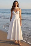 Ivory A-Line Spaghetti Straps Midi Bridal Shower Dress with Neck Scarf