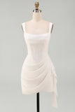 Ivory Corset Square Neck Ruched Bodycon Mini Graduation Dress with Ruffles