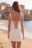 Ivory Corset Square Neck Ruched Bodycon Mini Graduation Dress with Ruffles