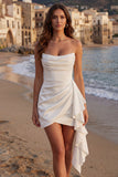 Ivory Strapless Bodycon Ruched Mini Graduation Dress with Ruffles