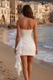 Ivory Strapless Bodycon Ruched Mini Graduation Dress with Ruffles