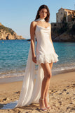 Satin Spaghetti Straps Sheath Mini Graduation Dress with Ruffles