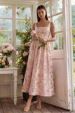 Blush A Line Square Neck Jacquard Floral Dress with Lace Up Back