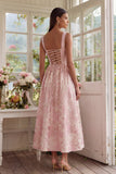 Blush A Line Square Neck Jacquard Floral Dress with Lace Up Back
