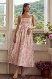 Blush A Line Square Neck Jacquard Floral Dress with Lace Up Back