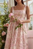 Blush A Line Square Neck Jacquard Floral Dress with Lace Up Back