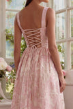 Blush A Line Square Neck Jacquard Floral Dress with Lace Up Back