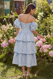 Blue Jacquard A-Line Off the Shoulder Tiered Midi Dress