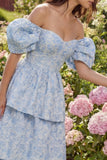 Blue Jacquard A-Line Off the Shoulder Tiered Midi Dress