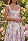 Purple Jacquard Flower Corset A-Line Midi Dress