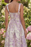Purple Jacquard Flower Corset A-Line Midi Dress