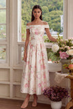 Off the Shoulder Pink Printed A-Line Floral Dress