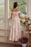 Off the Shoulder Pink Printed A-Line Floral Dress