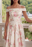 Off the Shoulder Pink Printed A-Line Floral Dress
