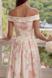 Off the Shoulder Pink Printed A-Line Floral Dress