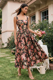 Black Pink Flower Square Neck A-Line Midi Dress