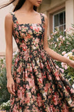 Black Pink Flower Square Neck A-Line Midi Dress