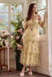 Yellow Flower A-Line Tulle Tiered Off the Shoulder Midi Dress