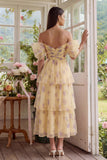 Yellow Flower A-Line Tulle Tiered Off the Shoulder Midi Dress