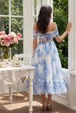 White Blue Flower Corset A-Line Tulle Off the Shoulder Midi Dress