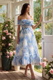White Blue Flower Corset A-Line Tulle Off the Shoulder Midi Dress