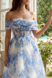 White Blue Flower Corset A-Line Tulle Off the Shoulder Midi Dress