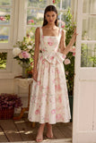 Pink White Flower A-Line Square Neck Midi Dress with Bowknot