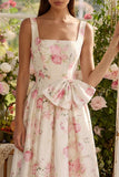 Pink White Flower A-Line Square Neck Midi Dress with Bowknot
