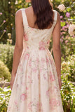 Pink White Flower A-Line Square Neck Midi Dress with Bowknot