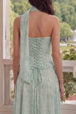 Strapless Dusty Sage Chiffon A-Line Corset Floral Dress