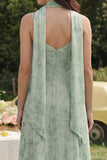 Dusty Sage Printed Chiffon Spaghetti Straps A-Line Midi Dress