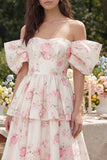 Pink White Flower Tiered A-Line Off the Shoulder Midi Dress